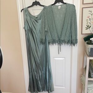 Roaman's Sage Green Satin Slip Dress with Lace Shrug 26W